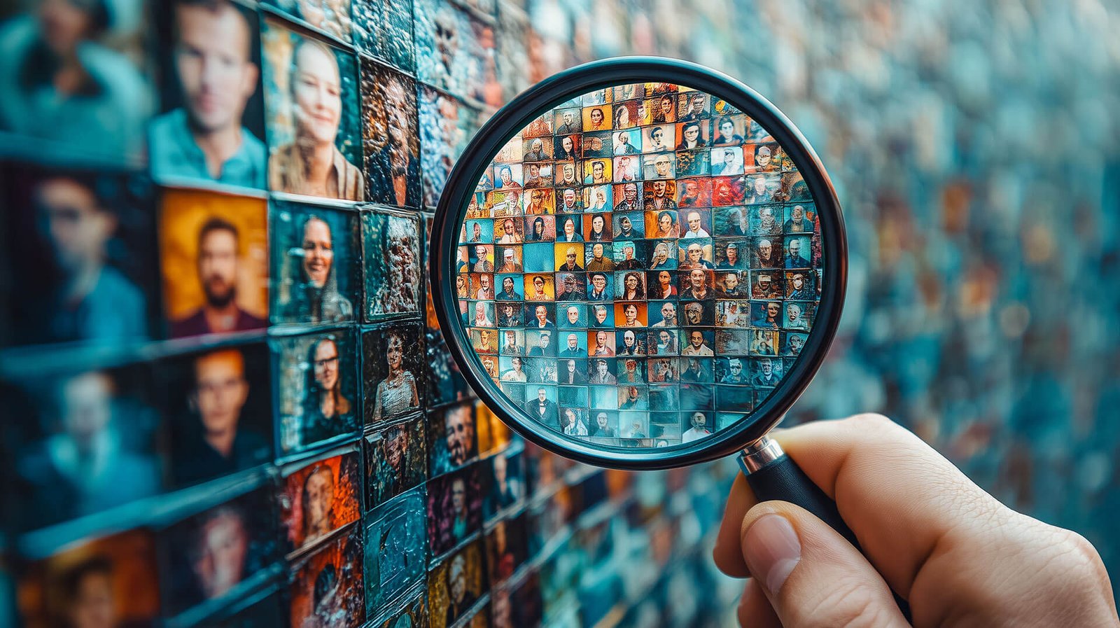 Magnifying glass focusing on photo mosaic wall.