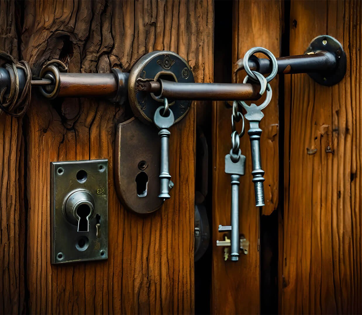 Vintage keys hanging on rustic wood door