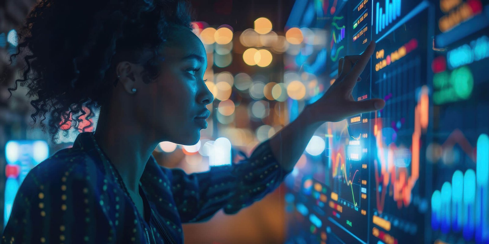 Person interacting with digital data screen.